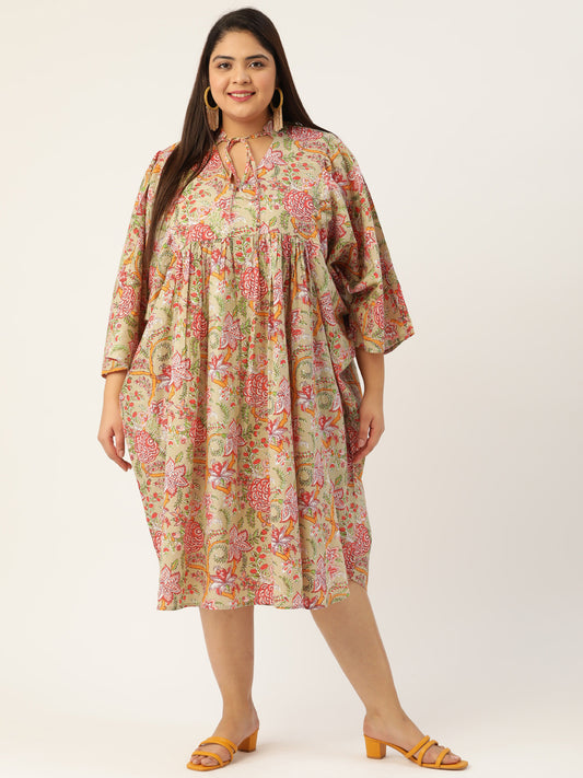 Plus Size Neck Tie-Up Cotton Dress