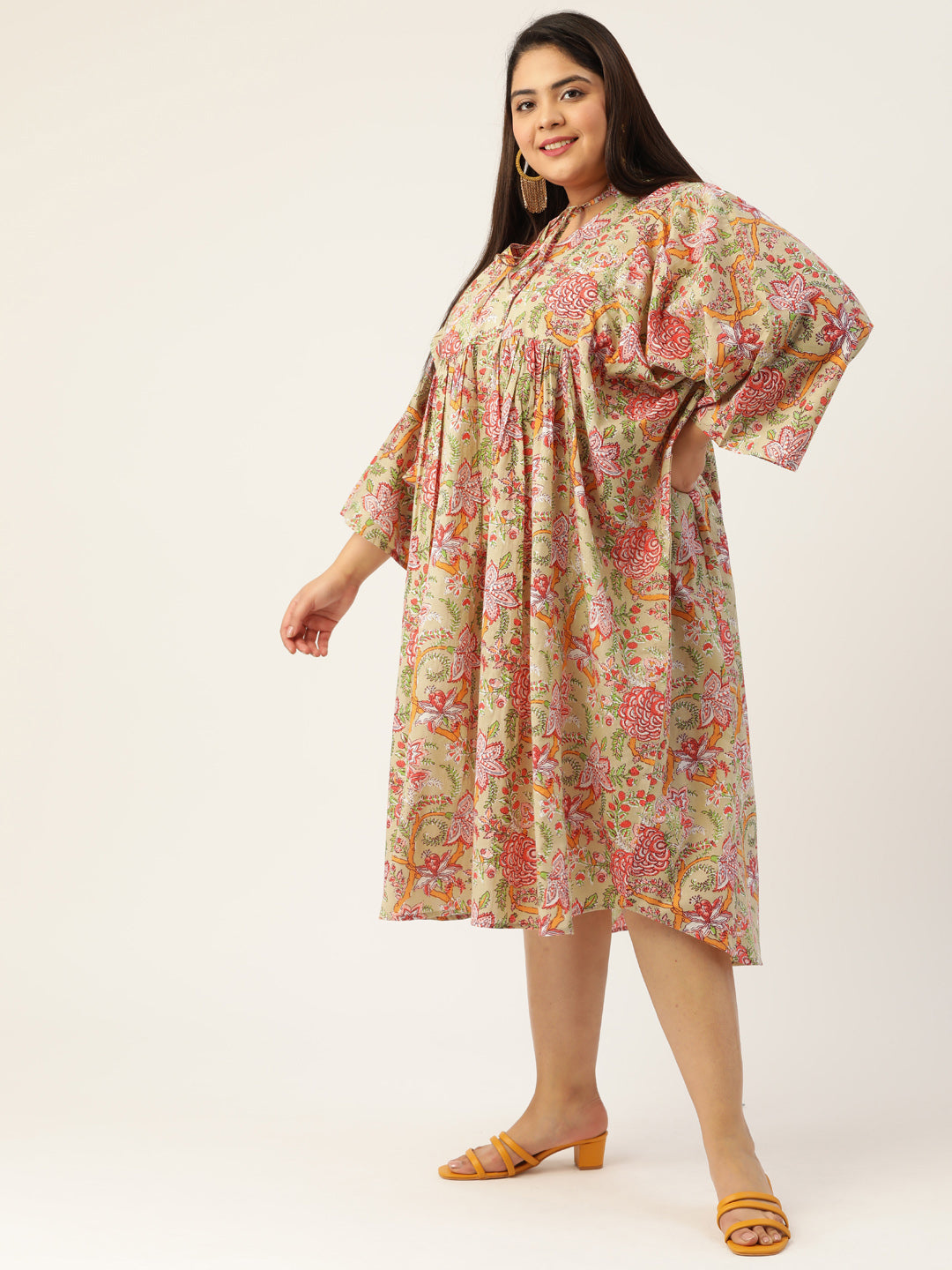 Plus Size Neck Tie-Up Cotton Dress