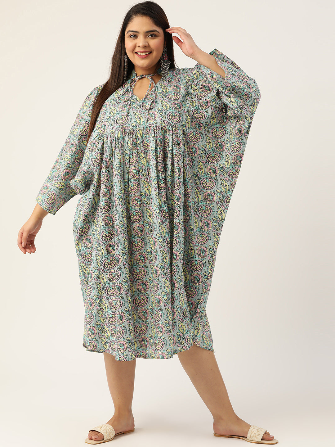 Plus Size Neck Tie-Up Cotton Dress