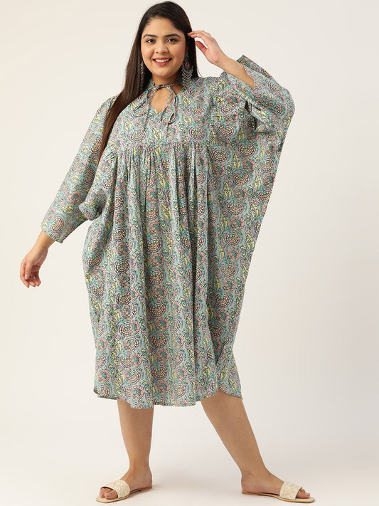 Plus Size Neck Tie-Up Cotton Dress