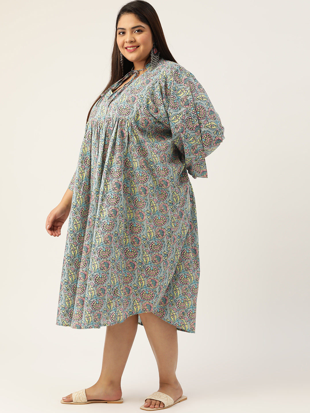 Plus Size Neck Tie-Up Cotton Dress