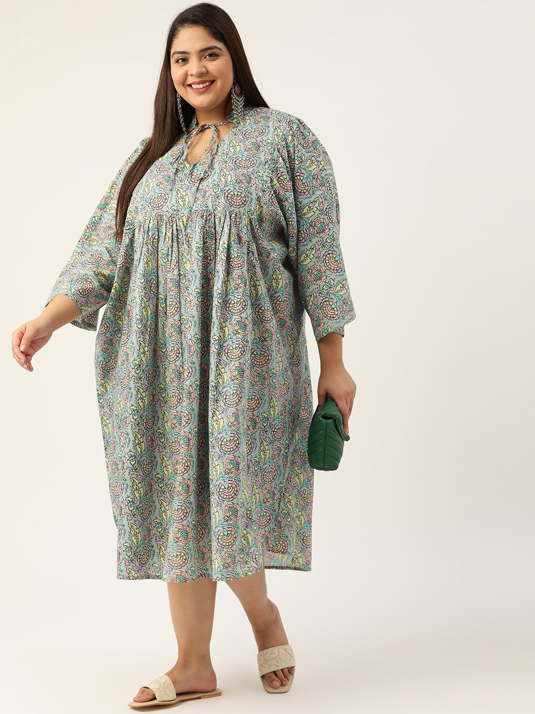 Plus Size Neck Tie-Up Cotton Dress