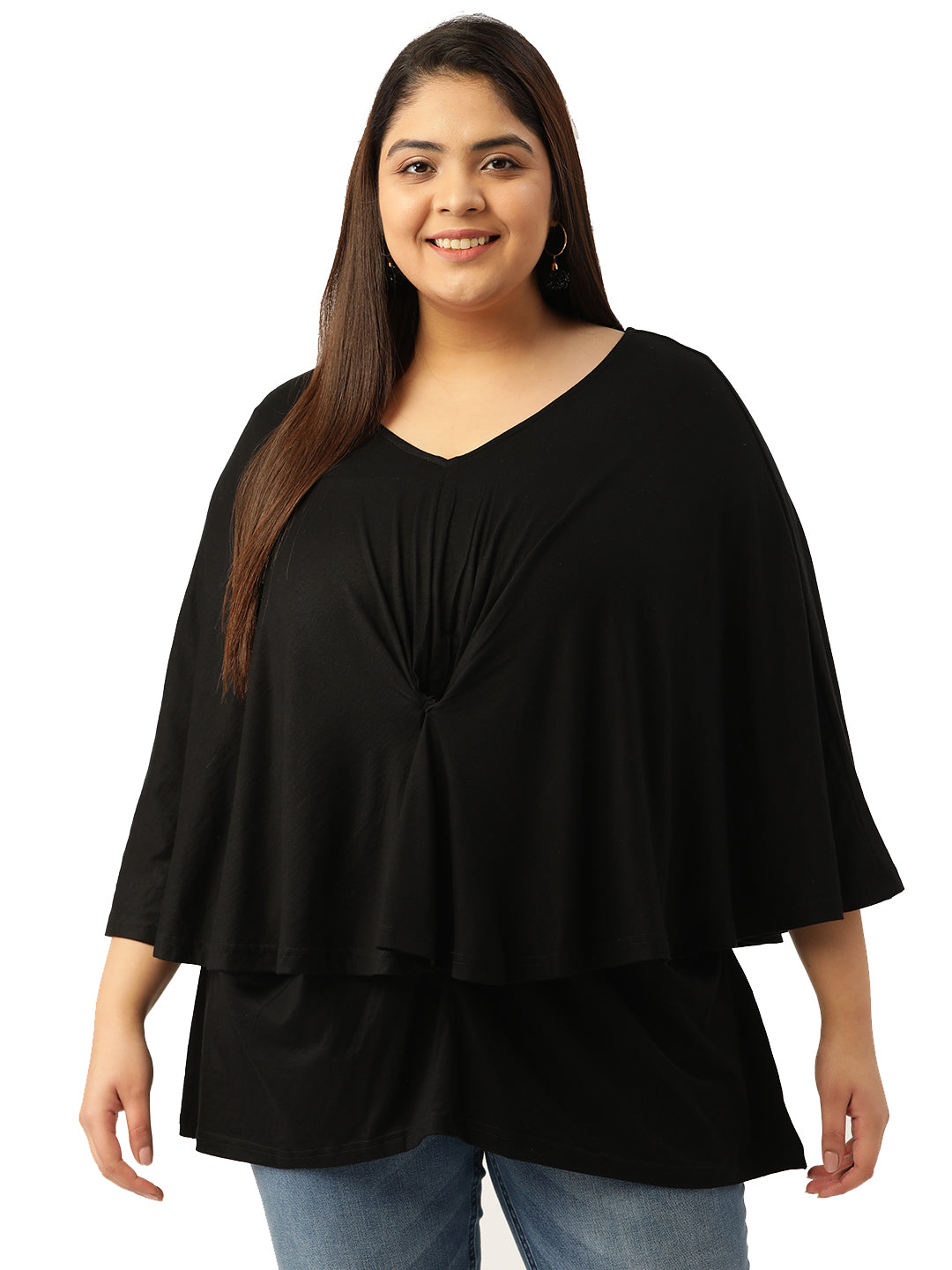 Plus Size Women's Black Solid Color Knitted Layered Top