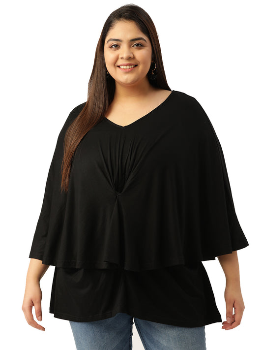 Plus Size Women's Black Solid Color Knitted Layered Top