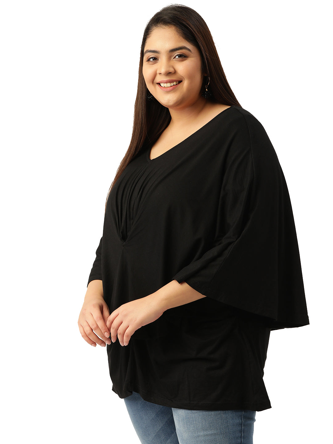 Plus Size Women's Black Solid Color Knitted Layered Top