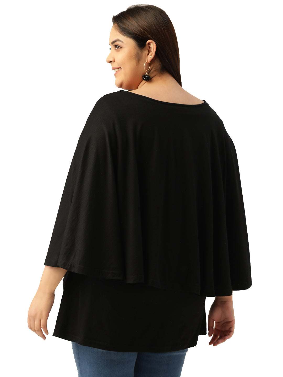 Plus Size Women's Black Solid Color Knitted Layered Top