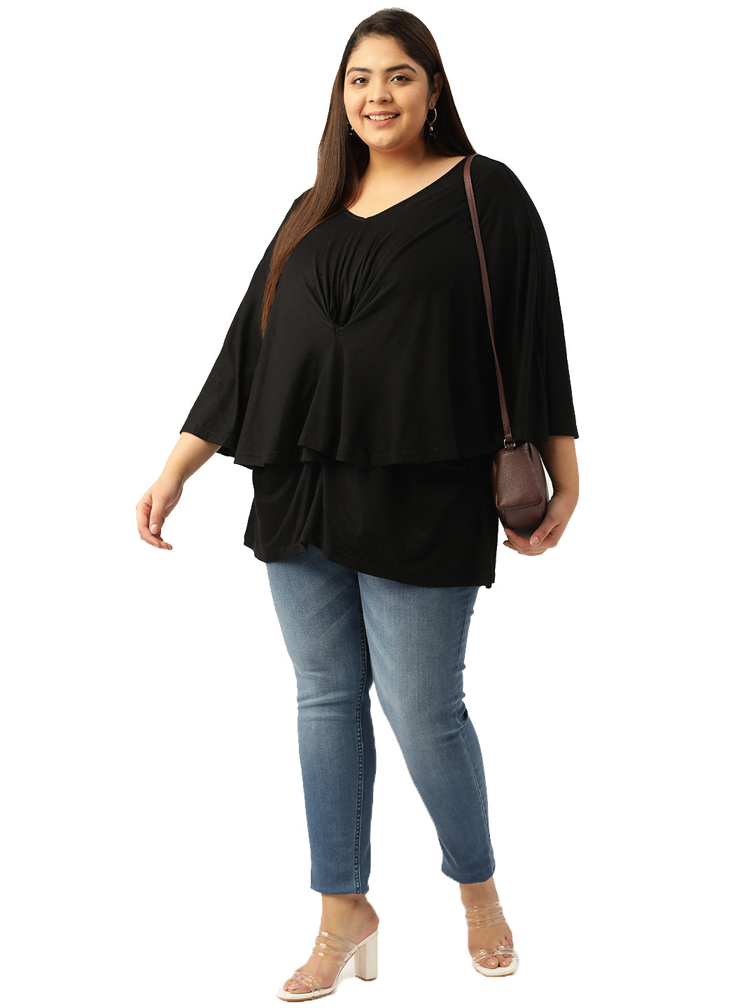 Plus Size Women's Black Solid Color Knitted Layered Top