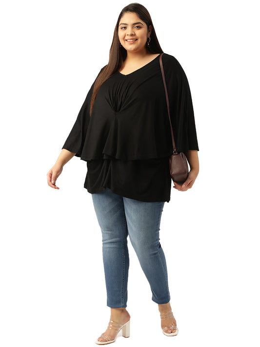 Plus Size Women's Black Solid Color Knitted Layered Top