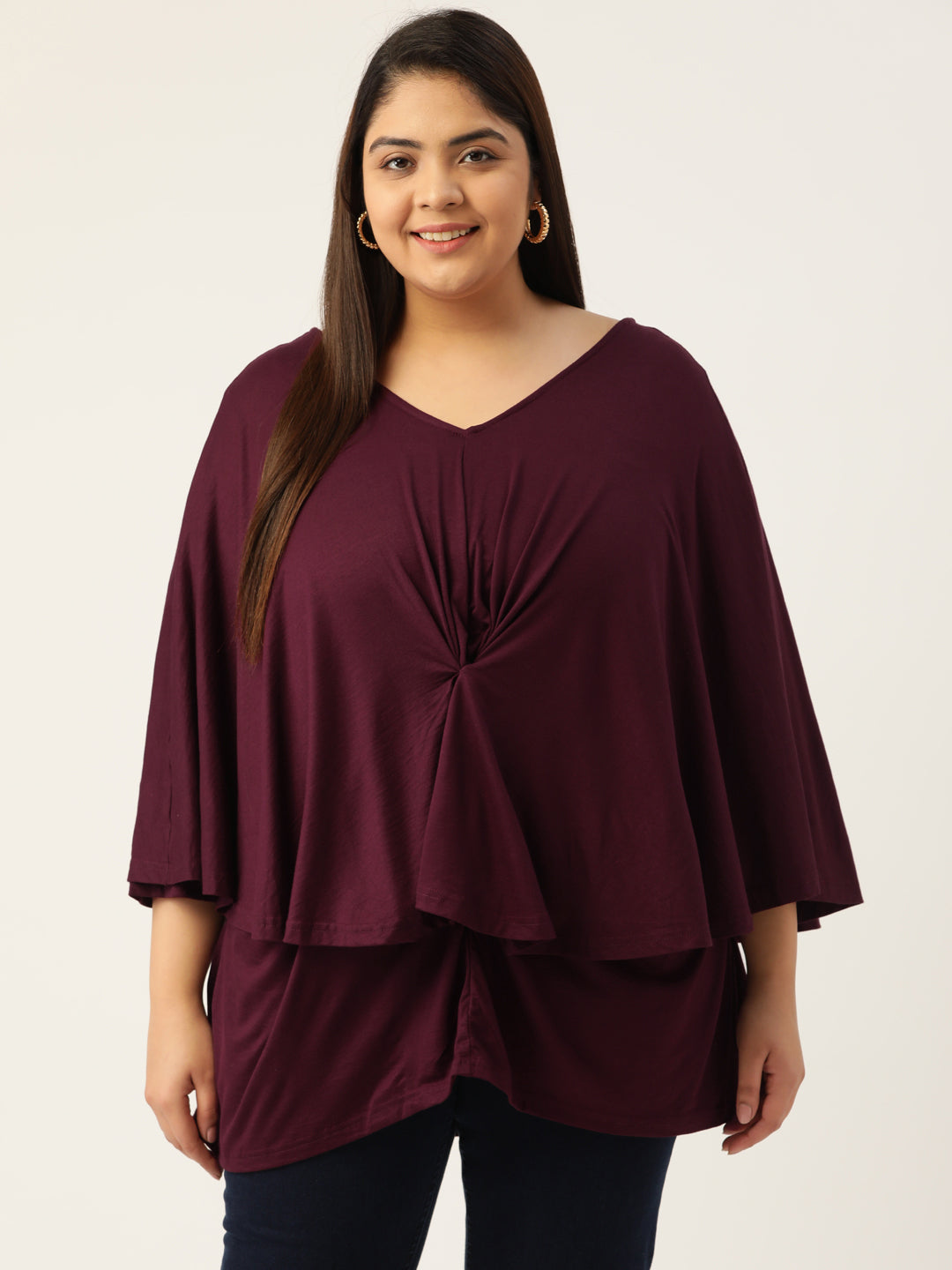 Plus Size Women's Purple Solid Color Knitted Layered Top
