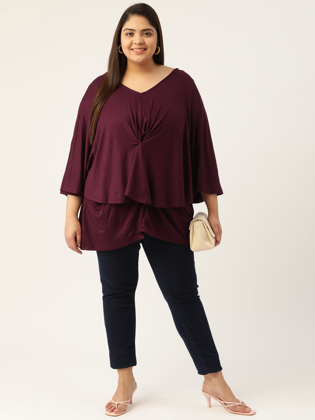 Plus Size Women's Purple Solid Color Knitted Layered Top