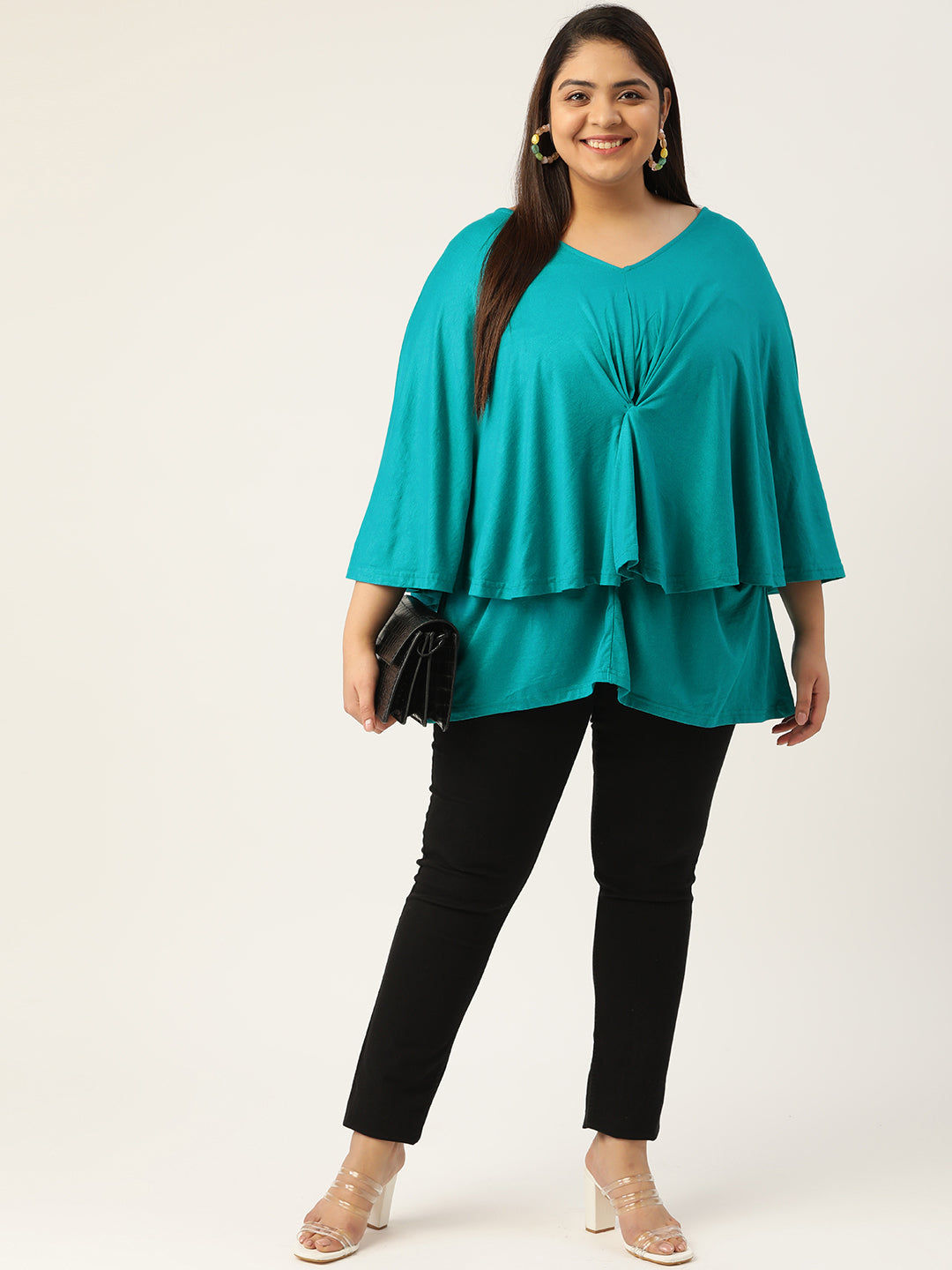 Plus Size Women's Turquoise Blue Solid Color Knitted Layered Top