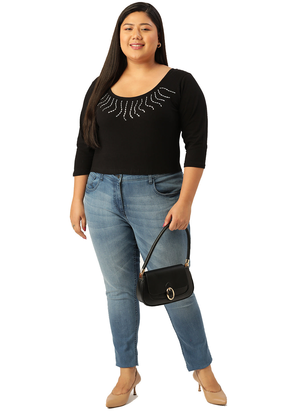 Plus Size Women's Black Solid Color Embellished Cropped Top