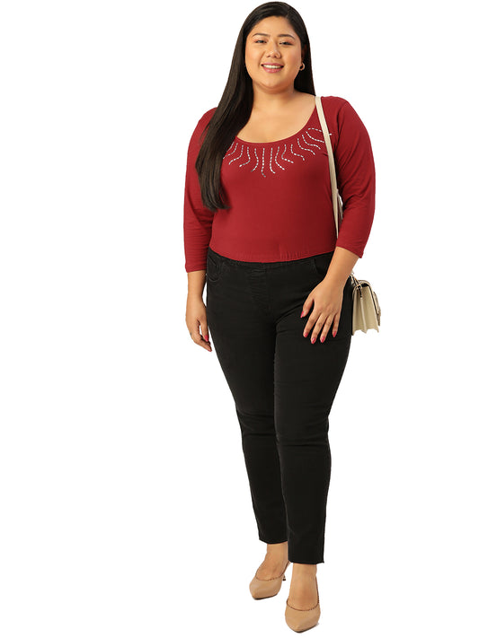 Plus Size Women's Maroon Solid Color Embellished Cropped Top