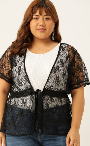 Plus Size Women's Solid Color Waist Tie-Up Net Shrug