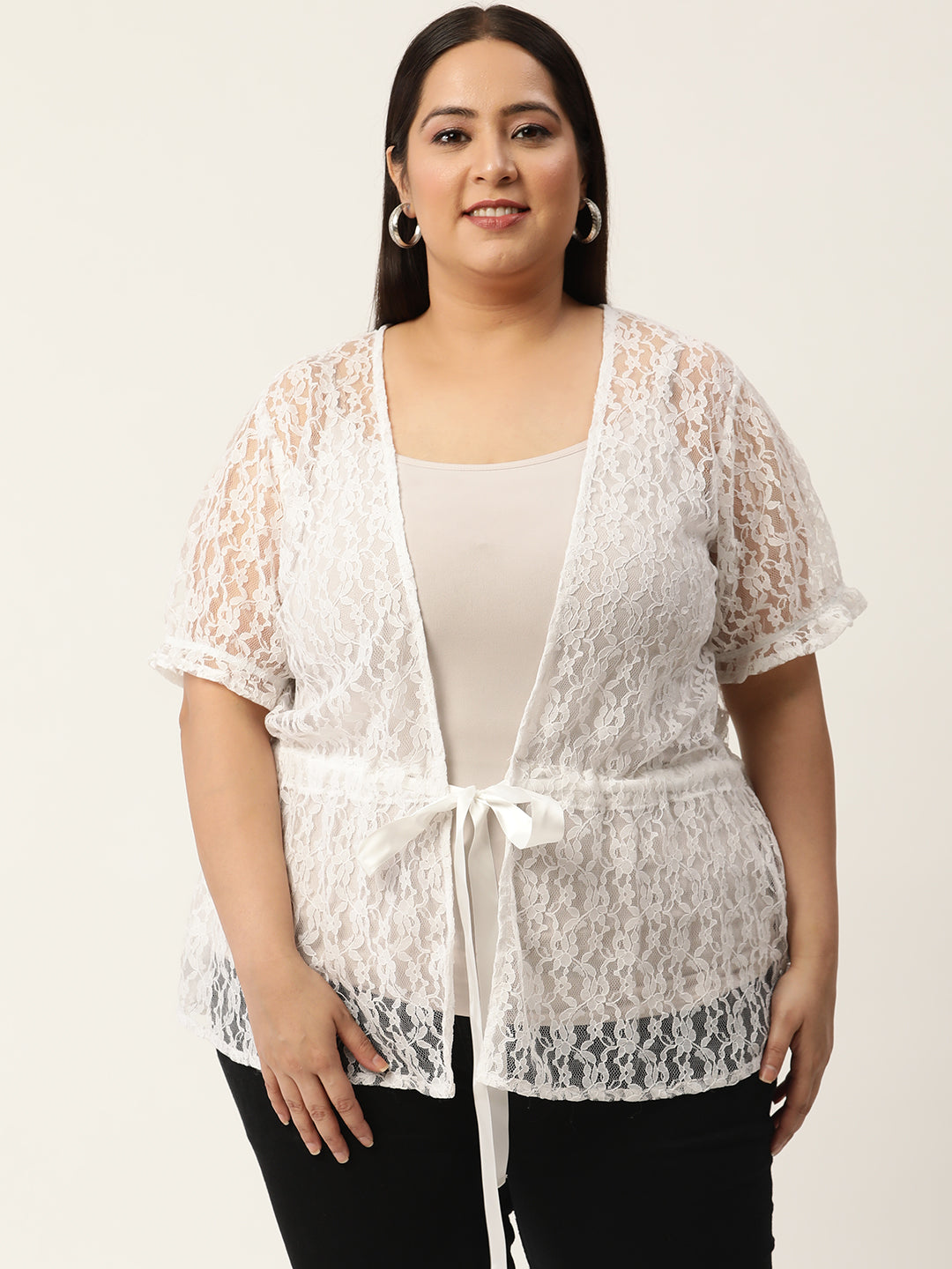 Plus Size Women's Solid Color Waist Tie-Up Net Shrug