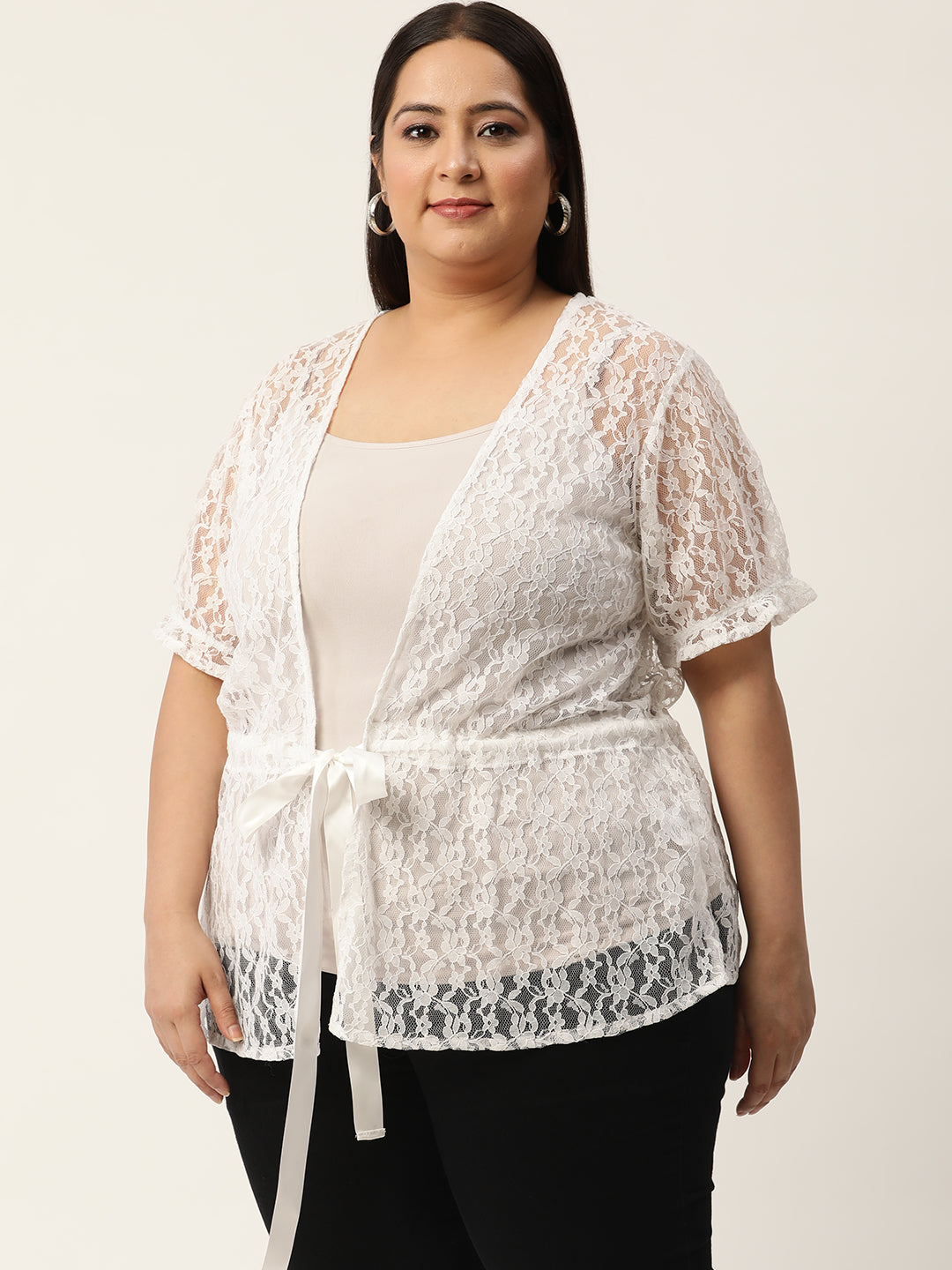 Plus Size Women's Solid Color Waist Tie-Up Net Shrug