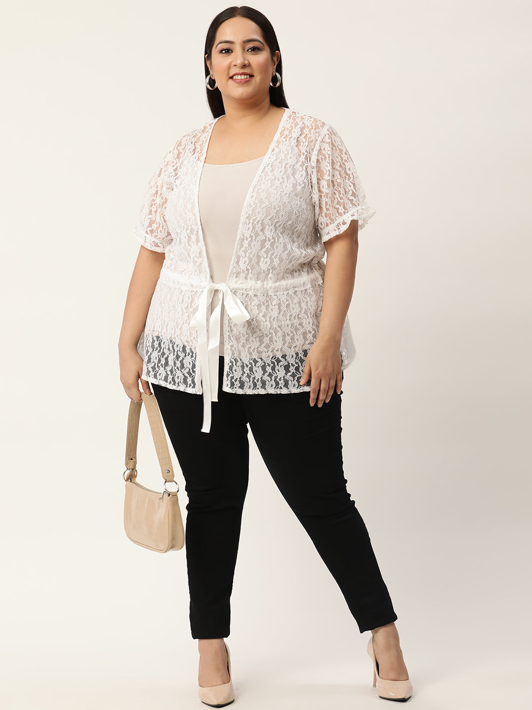 Plus Size Women's Solid Color Waist Tie-Up Net Shrug