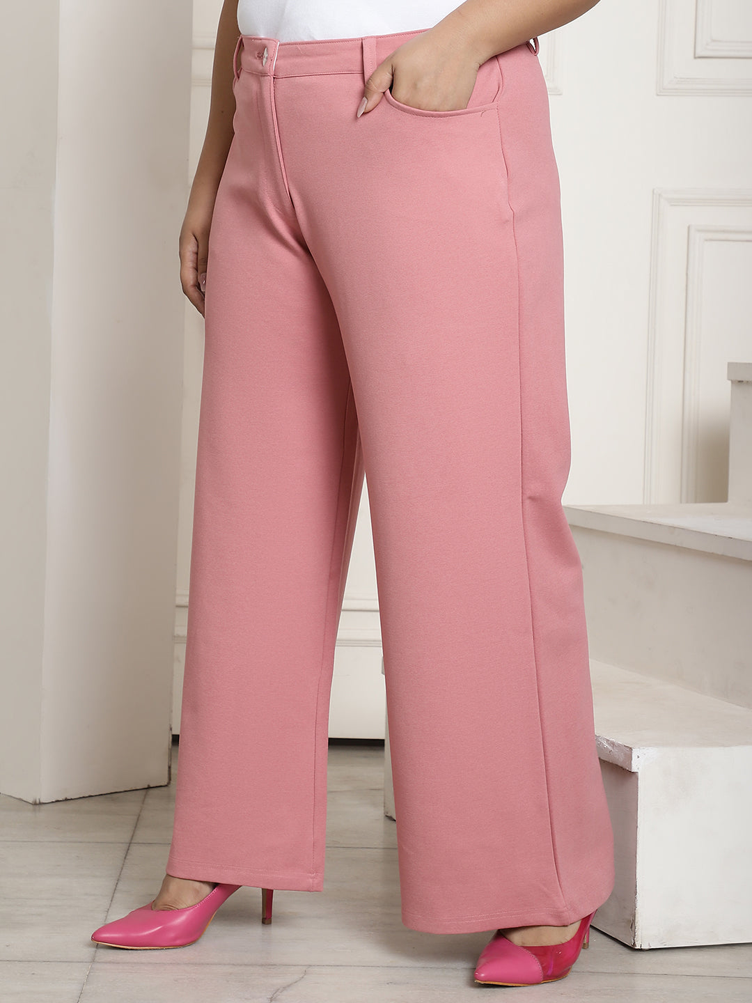Women Relaxed Straight Fit High-Rise Plus Size  Trousers
