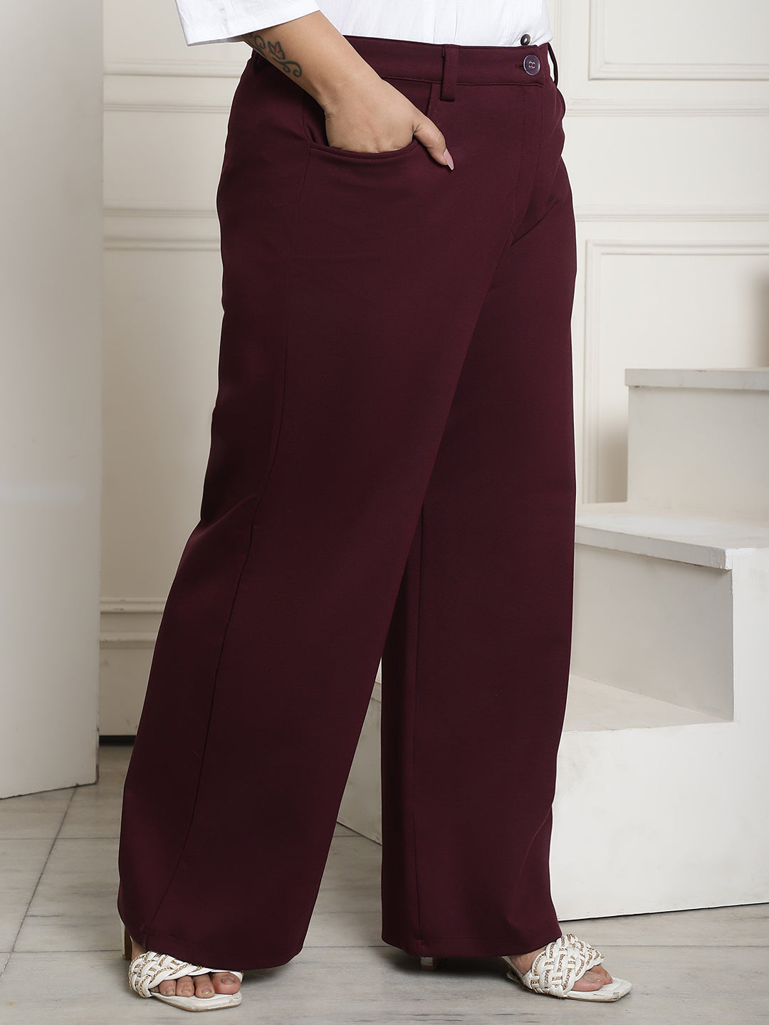 Women Relaxed Straight Fit High-Rise Plus Size  Trousers