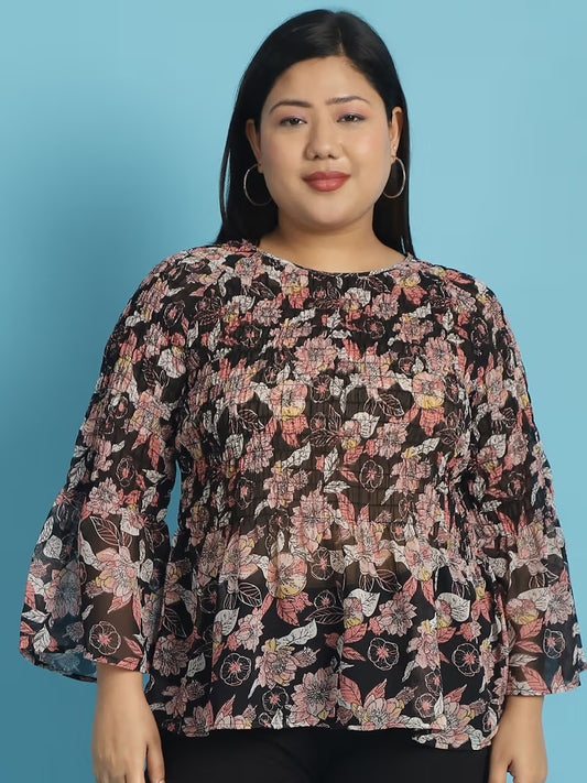 Plus Size Women's Smocked Georgette High-Low Peplum Top