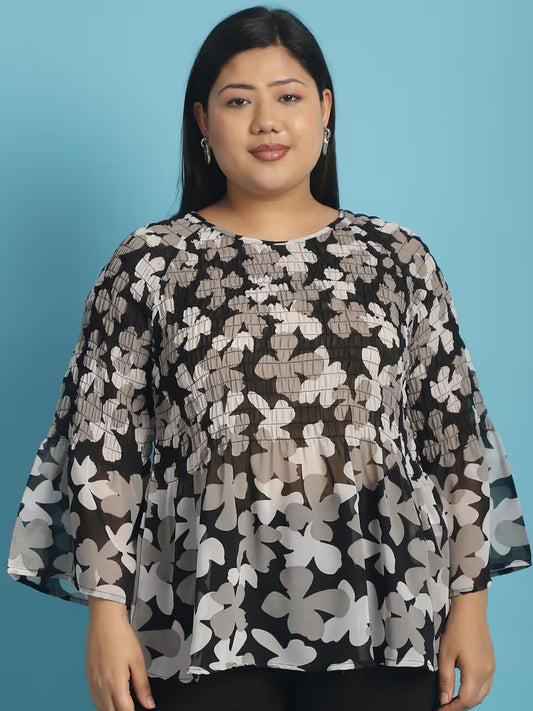Plus Size Women's Smocked Georgette High-Low Peplum Top