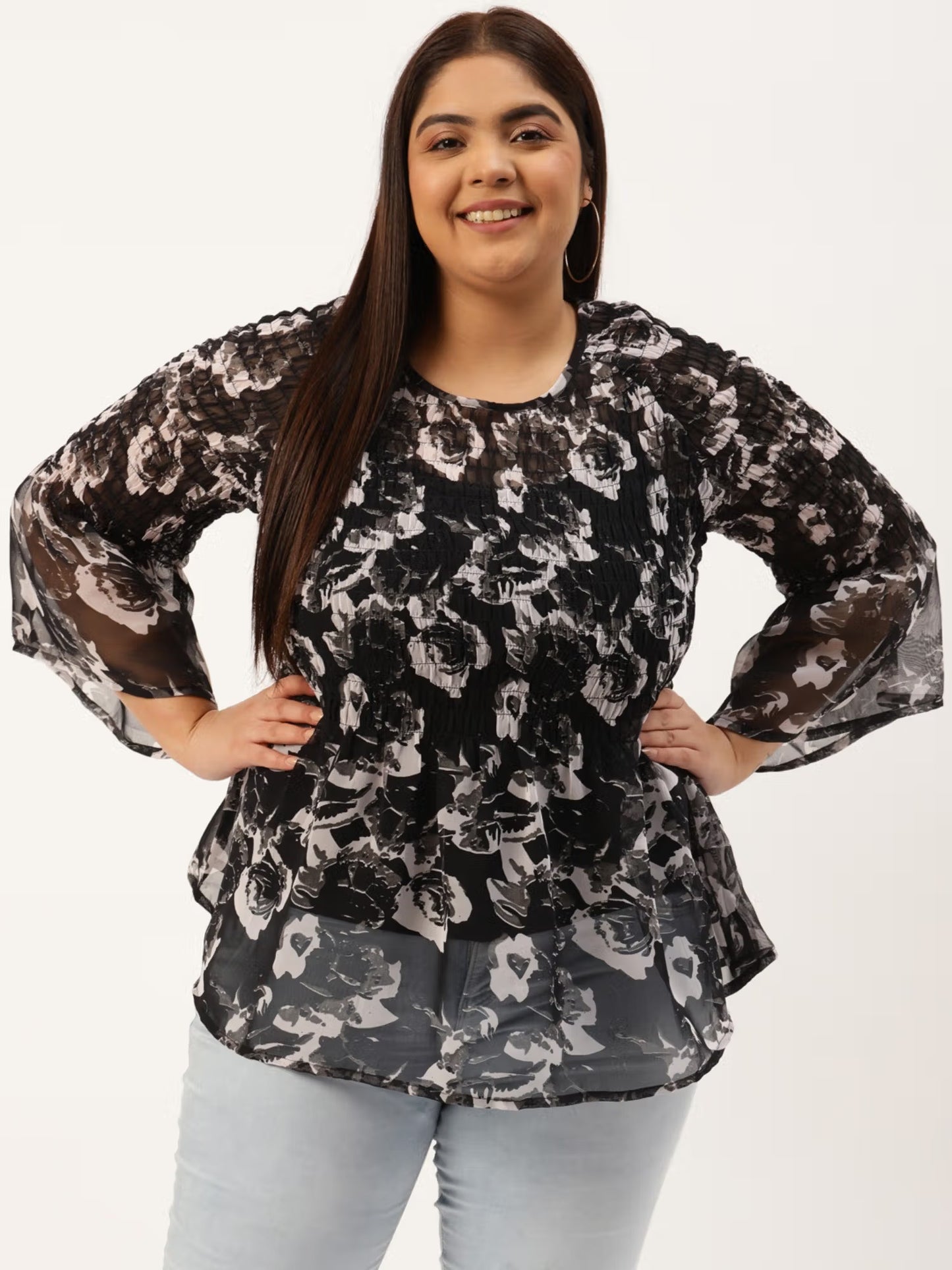 Plus Size Women's Smocked Georgette High-Low Peplum Top