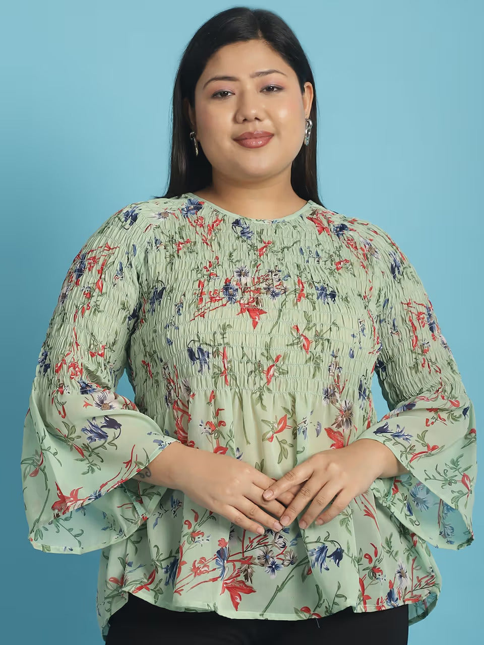 Plus Size Women's Smocked Georgette High-Low Peplum Top