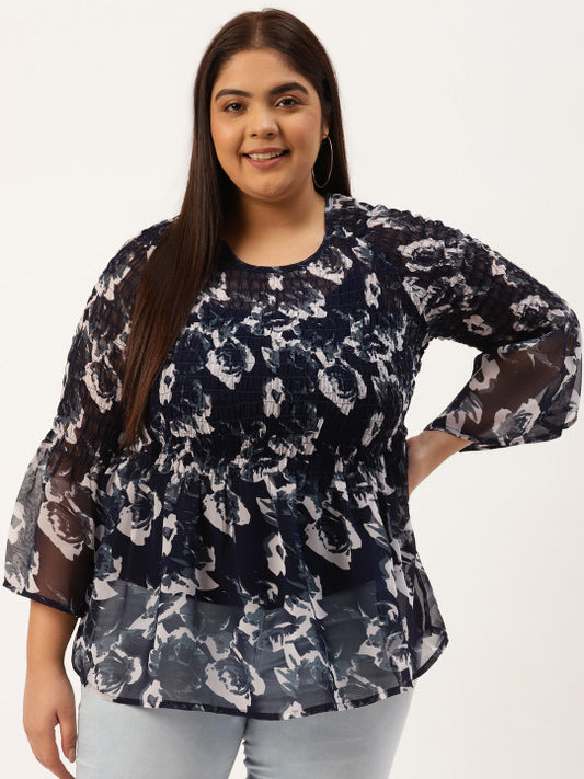 Plus Size Women's Smocked Georgette High-Low Peplum Top