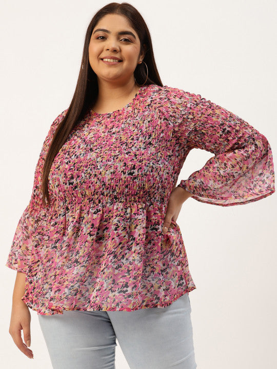 Plus Size Women's Smocked Georgette High-Low Peplum Top