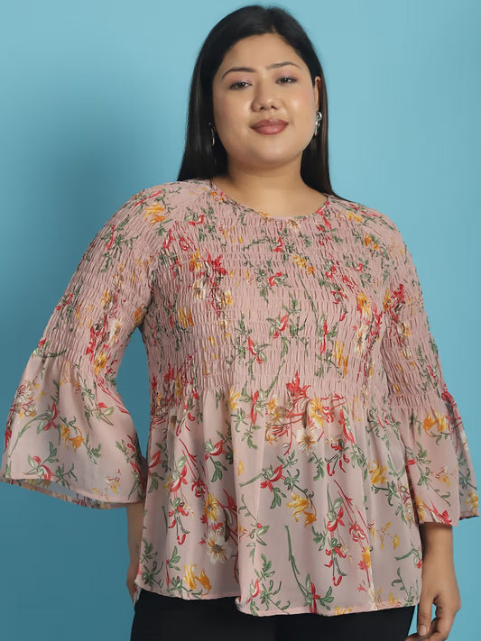 Plus Size Women's Smocked Georgette High-Low Peplum Top