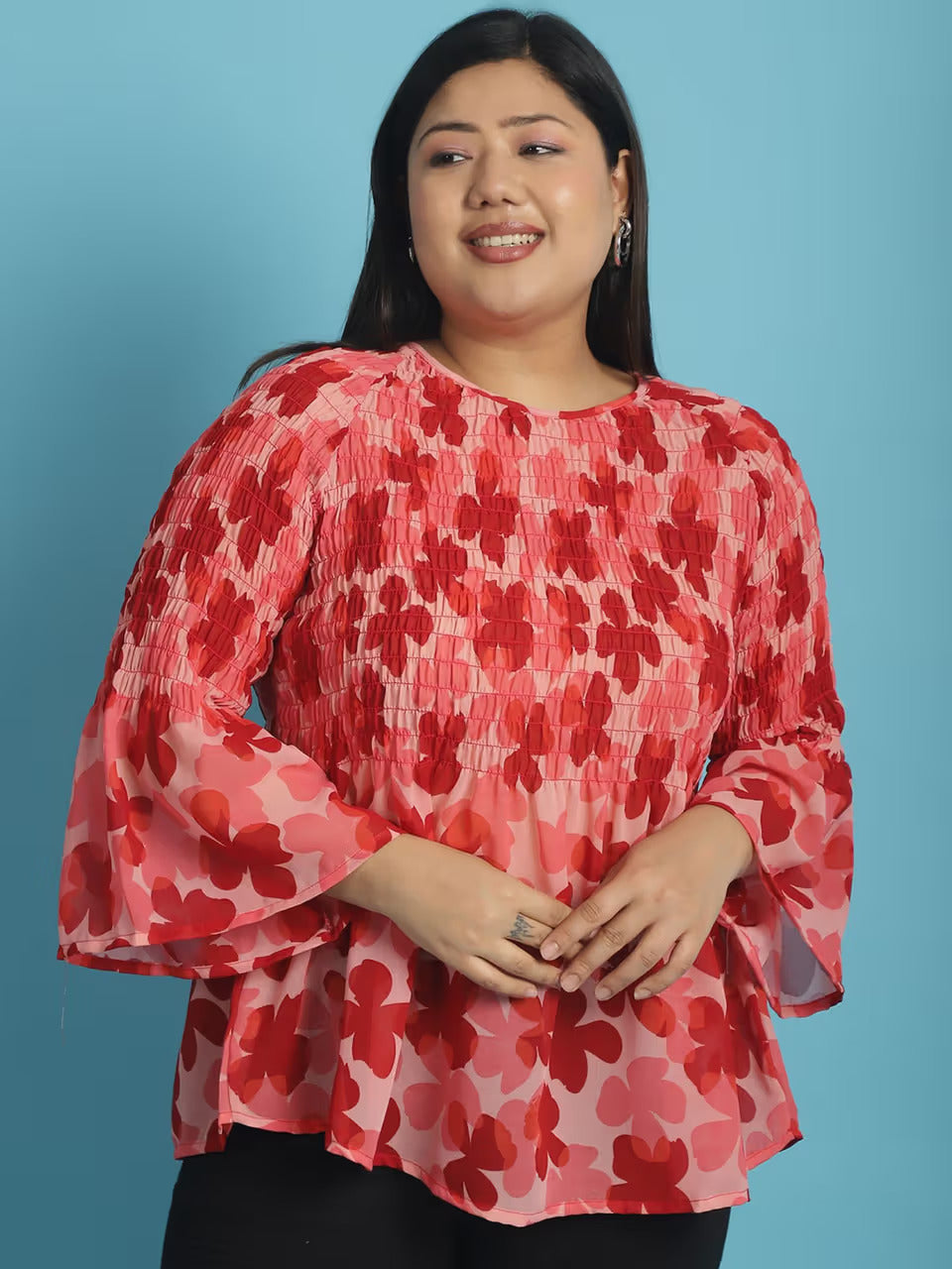 Plus Size Women's Smocked Georgette High-Low Peplum Top