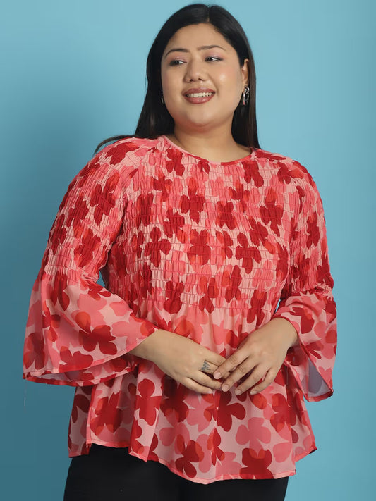 Plus Size Women's Smocked Georgette High-Low Peplum Top