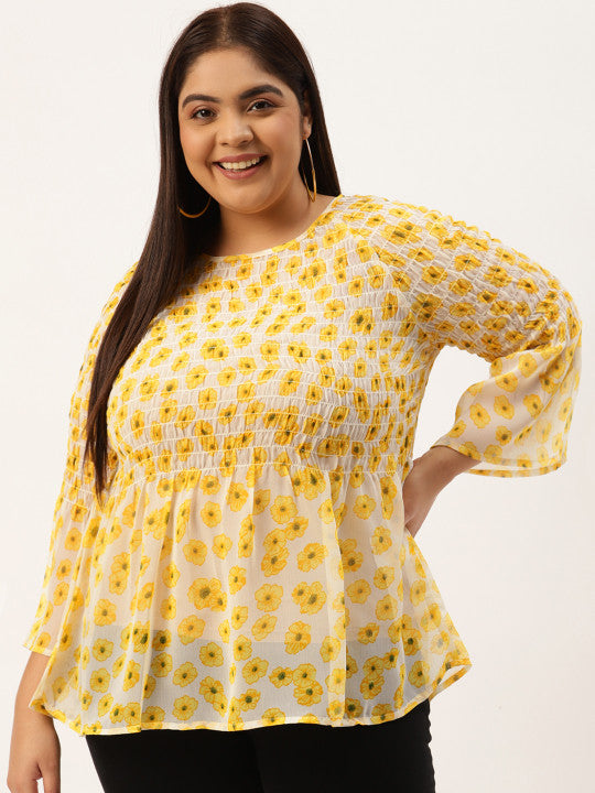 Plus Size Women's Smocked Georgette High-Low Peplum Top