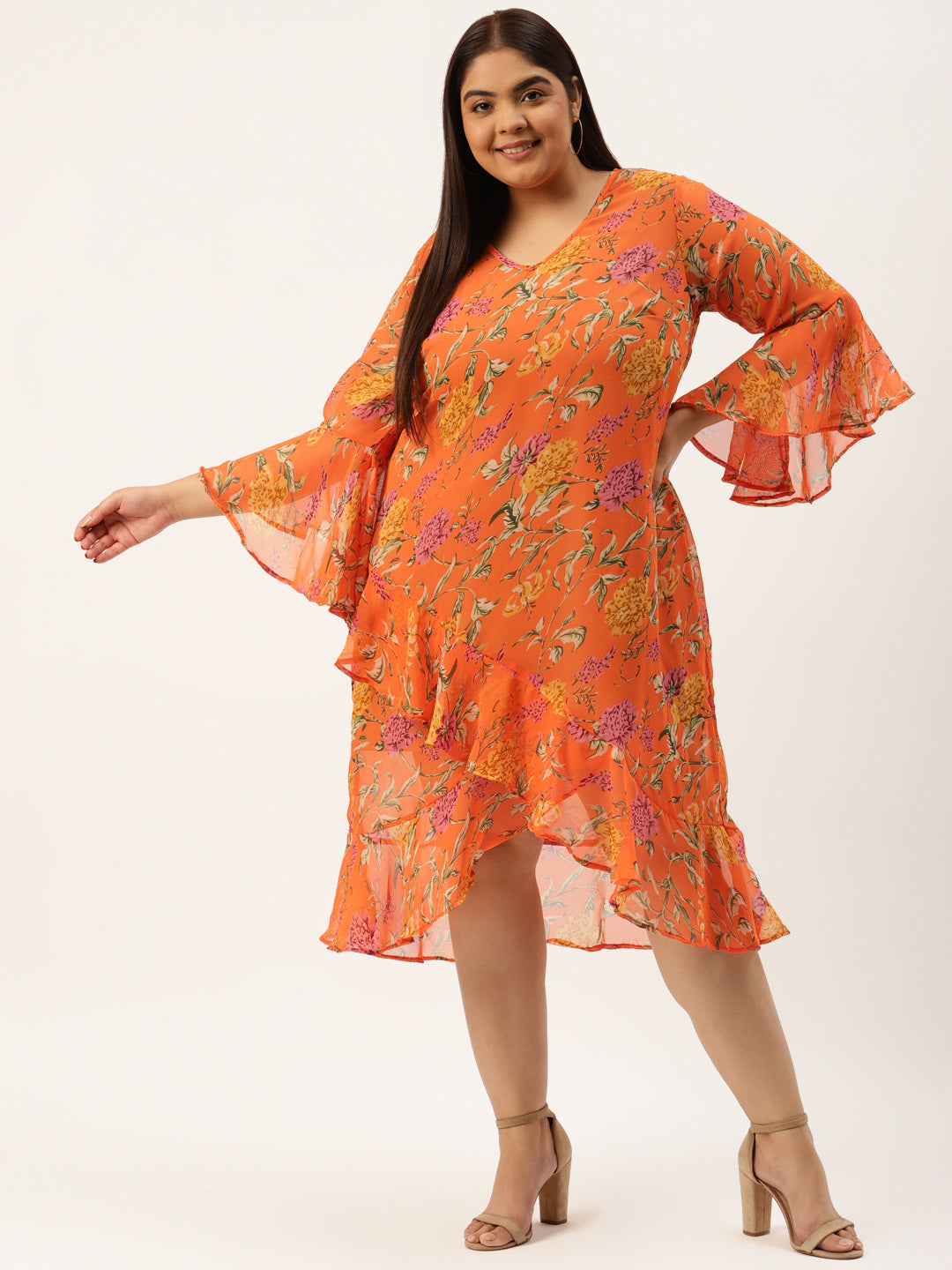 Plus Size White & Blue Floral Printed Georgette A-Line Midi Dress