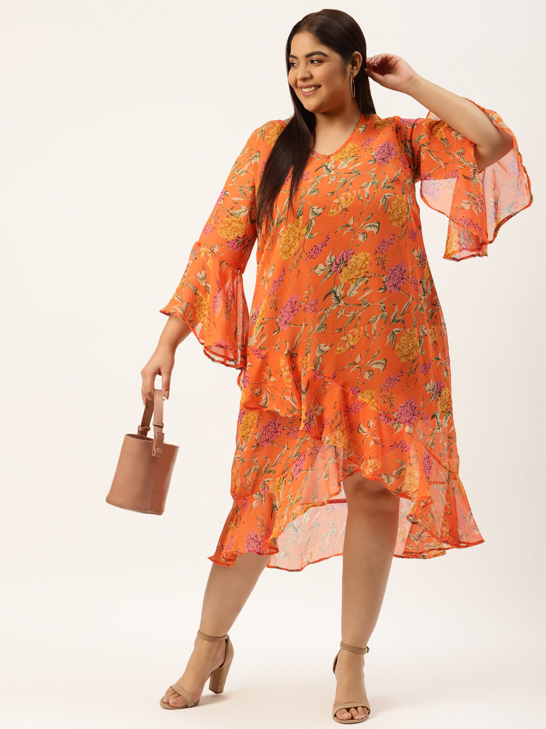 Plus Size White & Blue Floral Printed Georgette A-Line Midi Dress