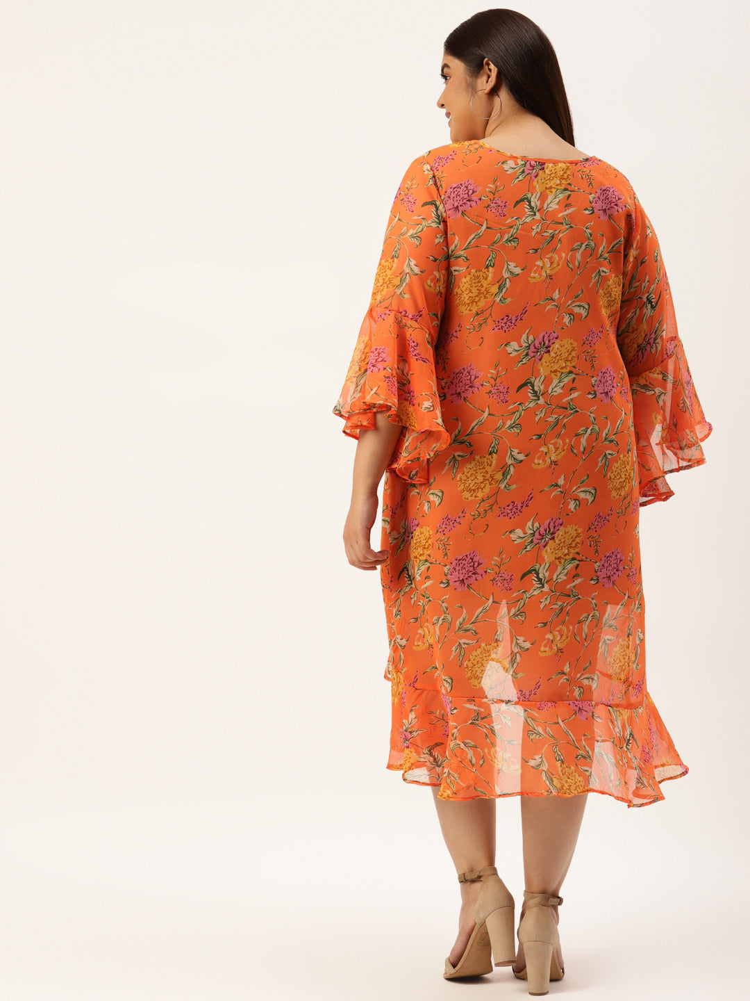 Plus Size White & Blue Floral Printed Georgette A-Line Midi Dress