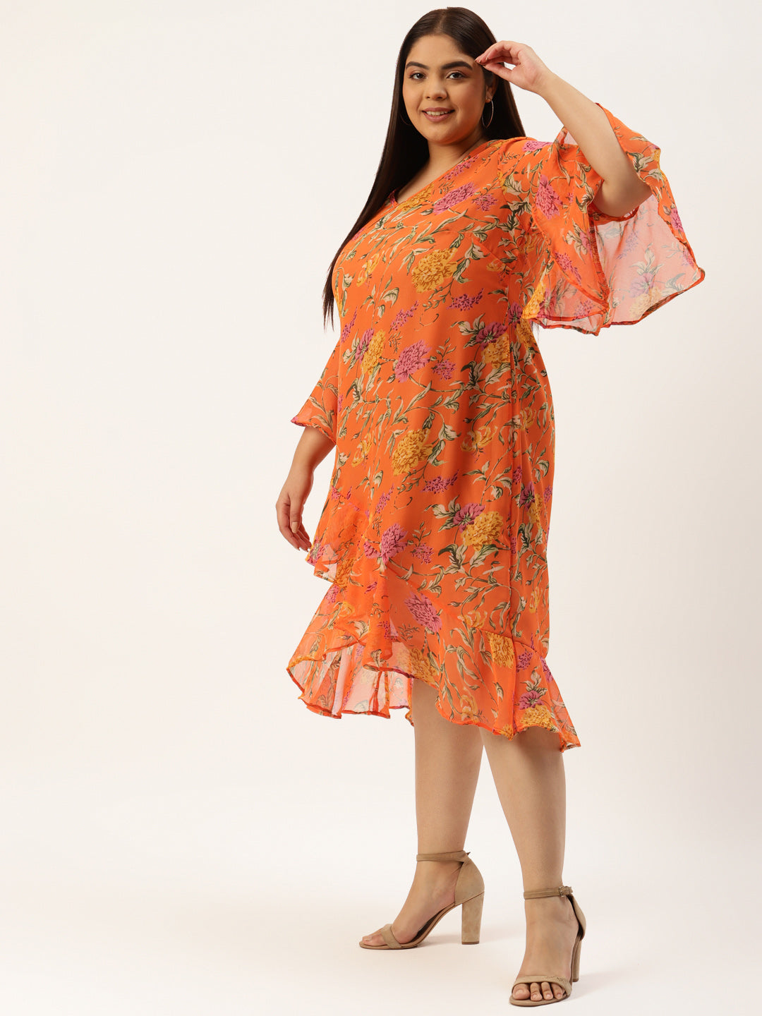 Plus Size White & Blue Floral Printed Georgette A-Line Midi Dress
