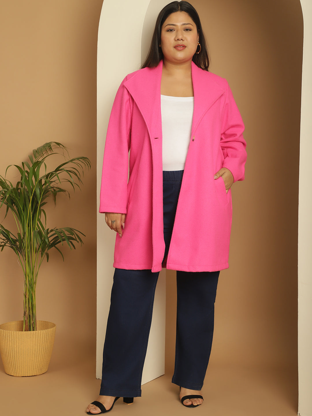 Women Notched Lapel Plus Size Single-Breasted Overcoat