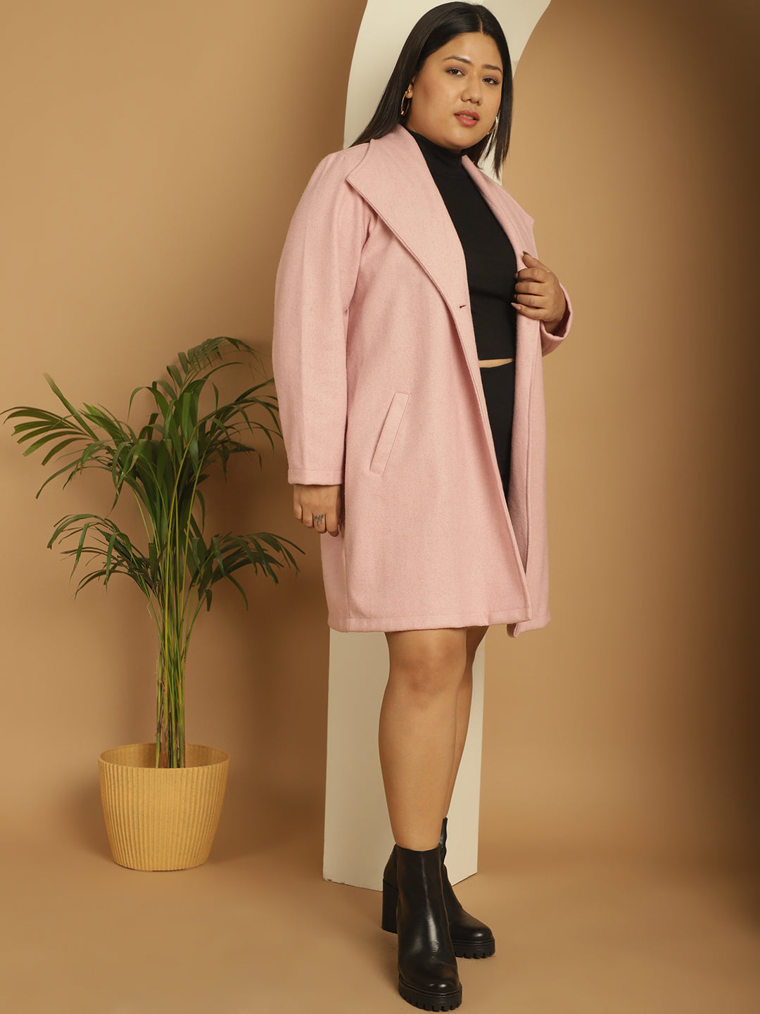Women Notched Lapel Plus Size Single-Breasted Overcoat
