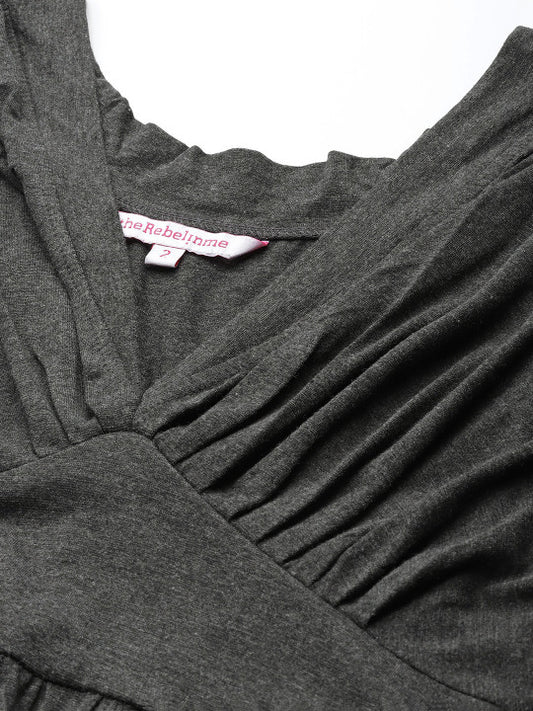 Dark gray dress with a brand label on a white background