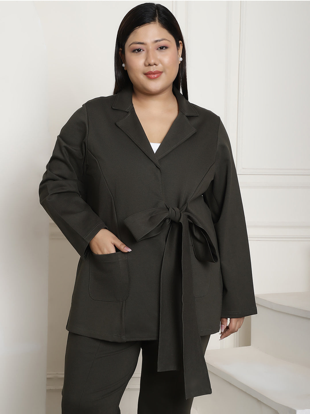 Plus Size Women's Solid Color Cotton Knitted Unlined Blazer