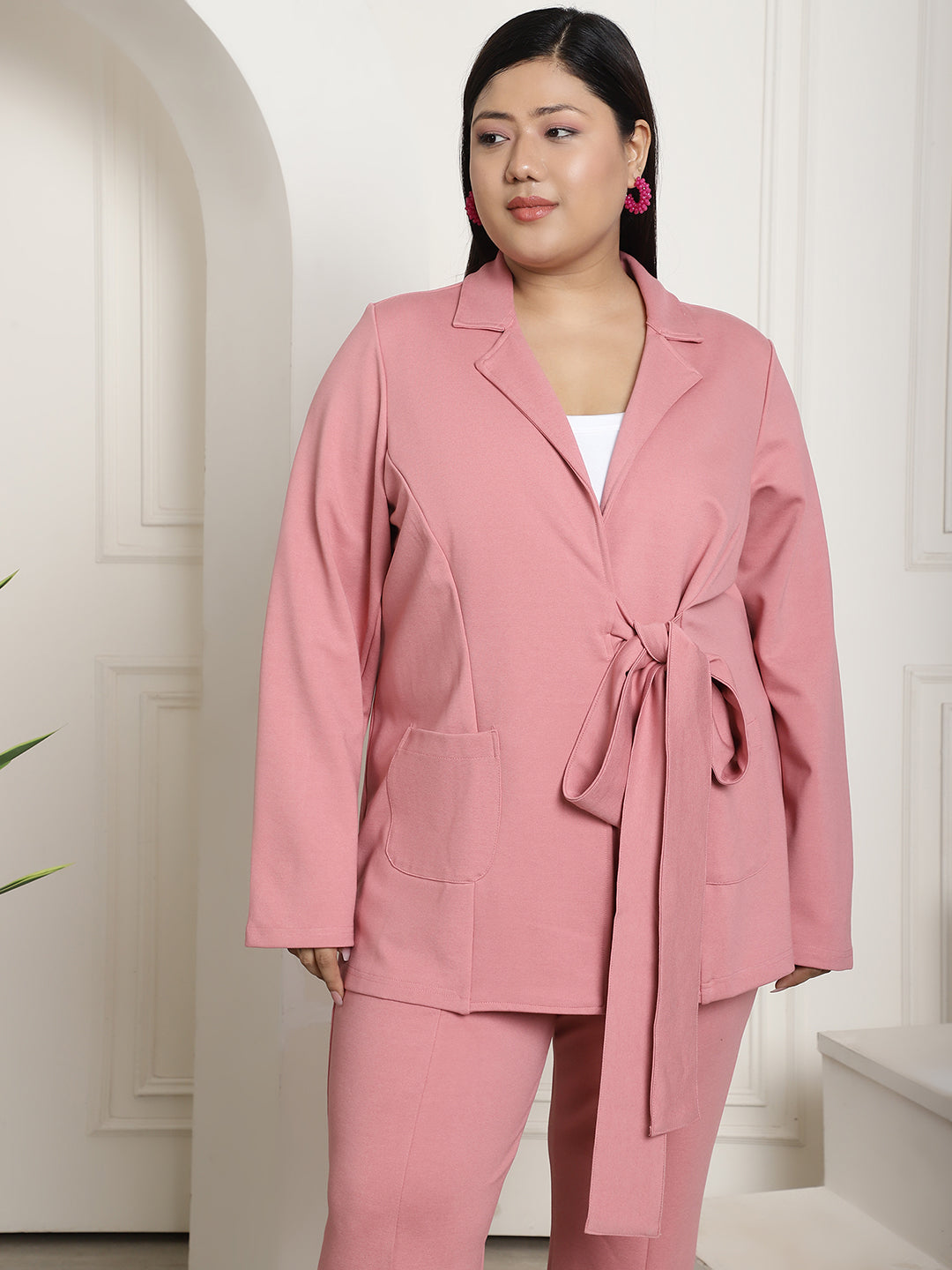 Plus Size Women's Solid Color Cotton Knitted Unlined Blazer