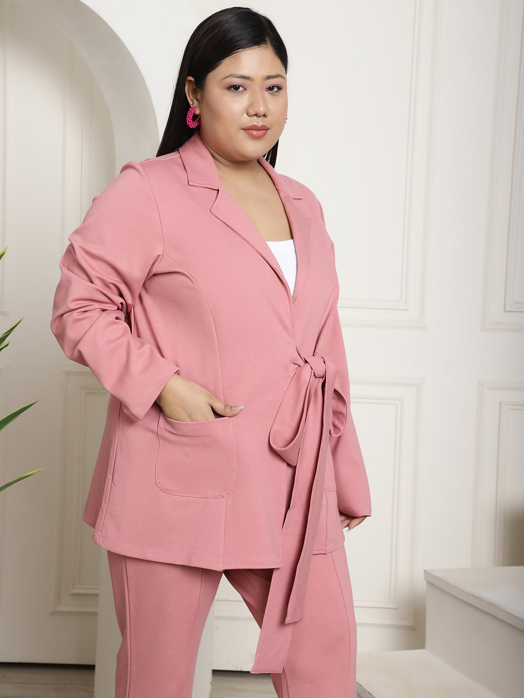 Plus Size Women's Solid Color Cotton Knitted Unlined Blazer