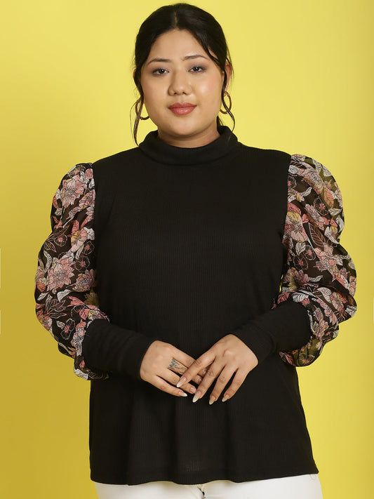 Plus size knitted Top with attached georgette sleeves