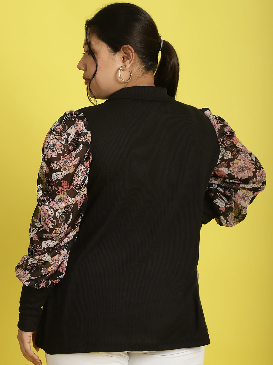 Plus size knitted Top with attached georgette sleeves