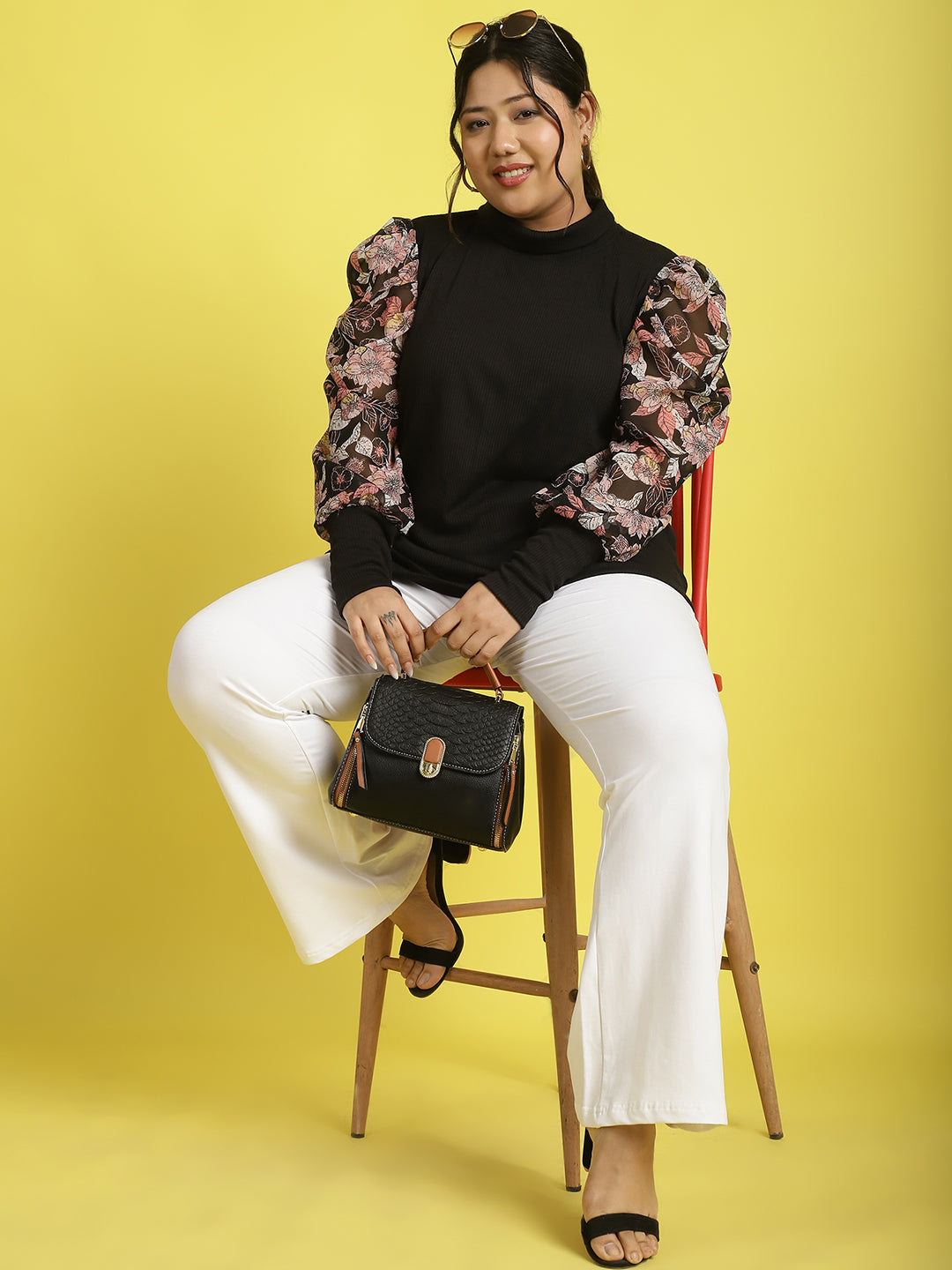 Plus size knitted Top with attached georgette sleeves