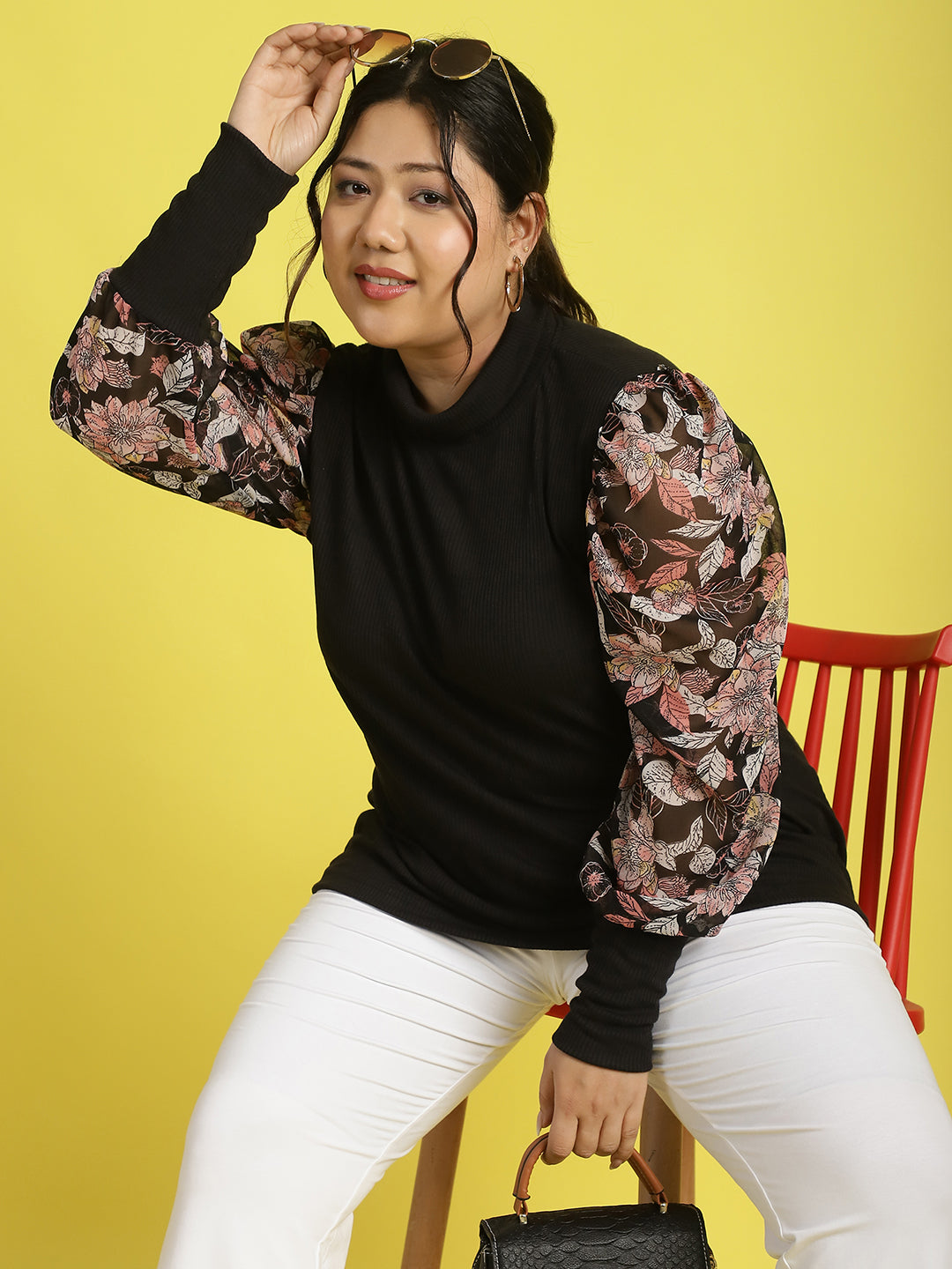 Plus size knitted Top with attached georgette sleeves