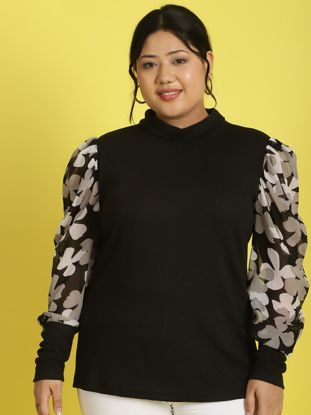 Plus size knitted Top with attached georgette sleeves