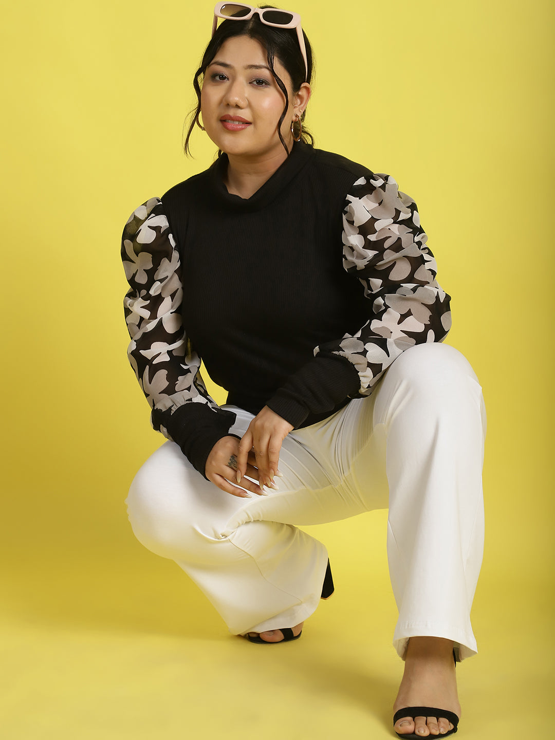 Plus size knitted Top with attached georgette sleeves