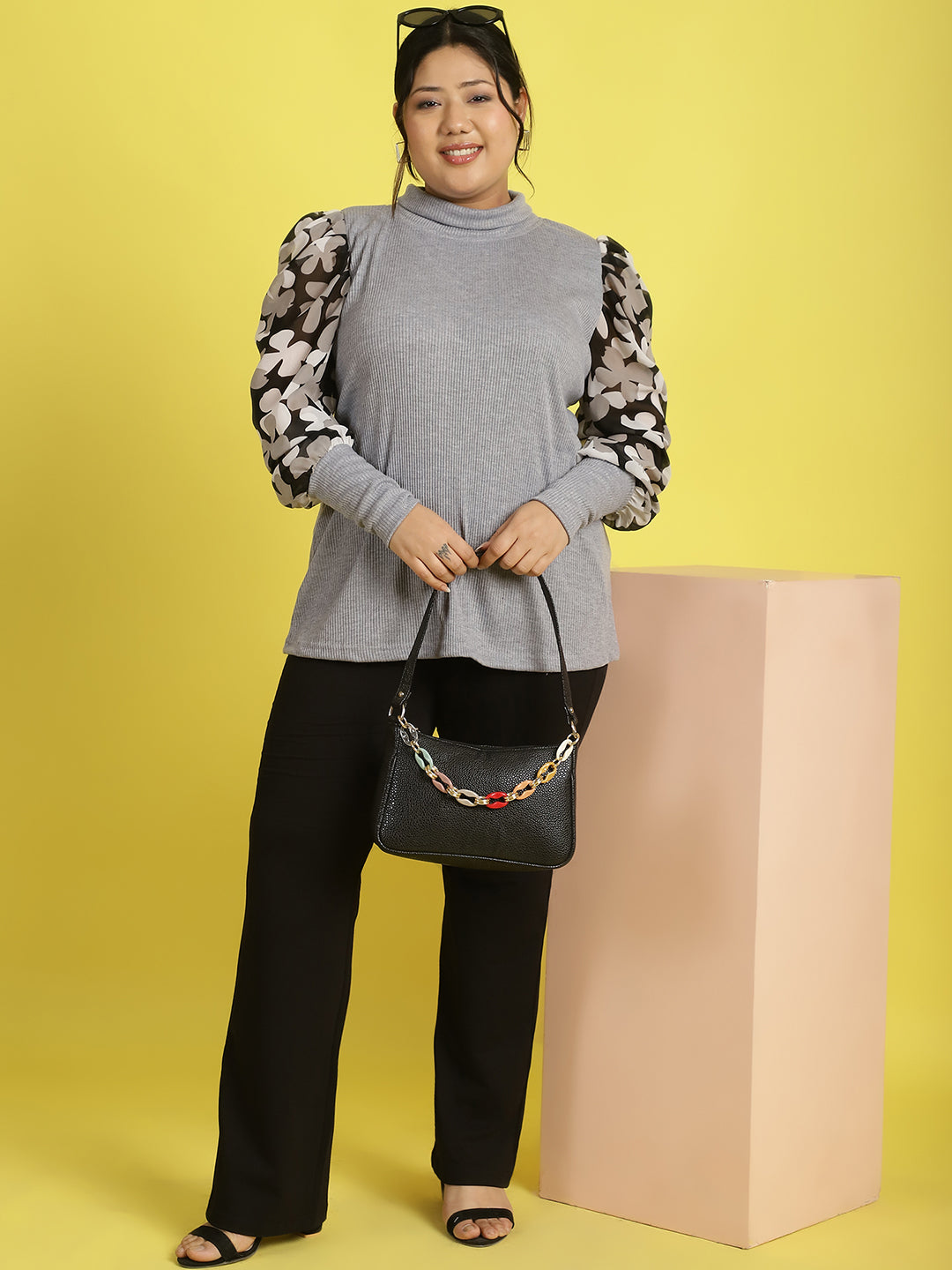 Plus size knitted Top with attached georgette sleeves